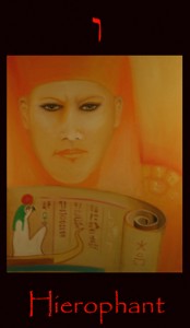 Hierophant major arcana tarot divination card. Image depicts the unfolding of the scroll of life by an Ancient Egyptian Keeper of the Mysteries