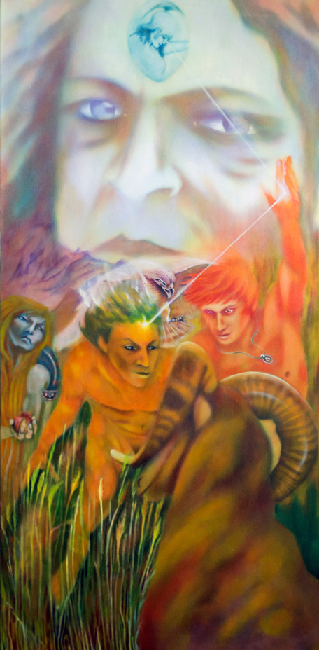 Prometheus and the Wrath of god. My painting looks at the mythological dynamic from two perspectives.  It is illustrating the phenomena of enlightenment being shared prior to the punishment being executed. From the Greek perspective it is the agent of enlightenment to man, Prometheus,who is the one suffering the wrath of the Gods. In the Jewish/Christian philosophy it is the receiver of enlightenment, Eve, who suffers the wrath of God.