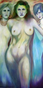 Mythology. Sirens dangerous and beautiful. by Minneapolis artist Roger Williamson. We are drawn like moths to a flame. Oil on canvas, 72 inches by 36 inches, 2008