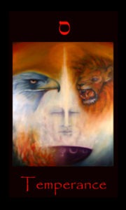 Sagittarius,Temperance,tarot card atu 14. Depicts the balance of opposites symbolized by a lion for Fire and Eagle for Water. The result of this balance is the awakening of the spiritual self